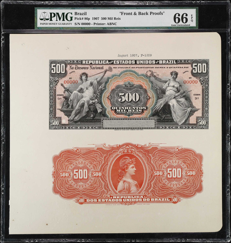 BRAZIL. Thesouro Nacional. 500 Mil Reis, 1907. P-86p. Front & Back Proofs. PMG G...