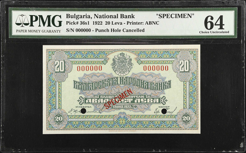 BULGARIA. Banque Nationale de Bulgarie. 20 Leva, 1922. P-36s1. Specimen. PMG Cho...