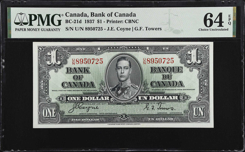 CANADA. Bank of Canada. 1 Dollar, 1937. BC-21d. PMG Choice Uncirculated 64 EPQ....