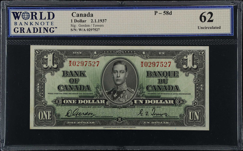 CANADA. Lot of (2). Bank of Canada. 1 Dollar, 1937. P-58d. WBG Uncirculated 62....