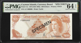 CAYMAN ISLANDS. Cayman Islands Currency Board. 100 Dollars, 1974 (ND 1982). P-11s. Specimen. PMG Choice Uncirculated 64 EPQ.
A highly sought after Sp...