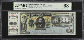 CHILE. El Banco de Curico. 20 Pesos, 1898. P-36r. Remainder. PMG Choice Uncirculated 63.
Super rare. PMG comments "Counterfoil Attached, Pinhole." PM...