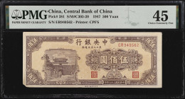 CHINA--REPUBLIC. Central Bank of China. 500 Yuan, 1947. P-381. PMG Choice Extremely Fine 45.
PMG comments "Corner Tip Missing, Stains".

Estimate: ...