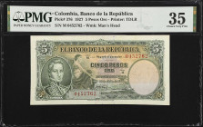 COLOMBIA. El Banco de la Republica. 5 Pesos Oro, 1927. P-376. PMG Choice Very Fine 35.
Printed by TDLR. Watermark of man's head. PMG comments "Minor ...