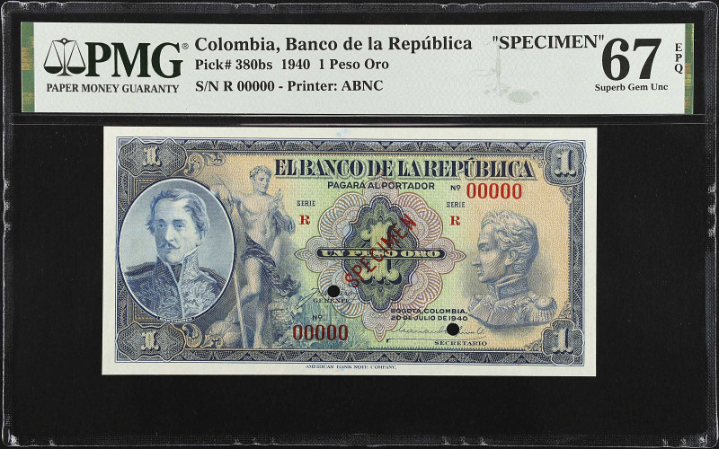 COLOMBIA. Banco de la Republica. 1 Peso Oro, 1940. P-380bs. Specimen. PMG Superb...