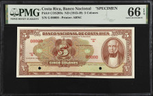 COSTA RICA. Banco Nacional de Costa Rica. 5 Colones, ND (1943-49). P-S209s. Specimen. PMG Gem Uncirculated 66 EPQ.

Estimate: $125.00- $250.00