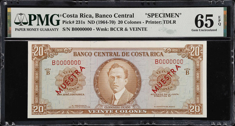 COSTA RICA. Banco Central de Costa Rica. 20 Colones, ND (1964-70). P-231s. Speci...