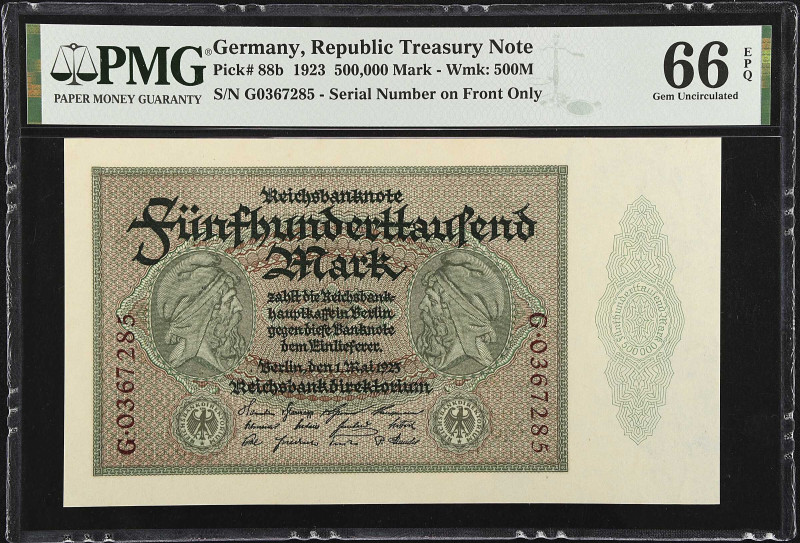 GERMANY. Republic Treasury Note. 500,000 Mark, 1923. P-88b. PMG Gem Uncirculated...