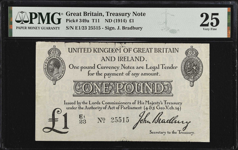 GREAT BRITAIN. Treasury Note. 1 Pound, ND (1914). P-349a. PMG Very Fine 25.
PMG...