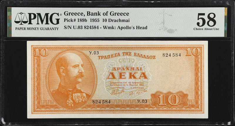 GREECE. Trapeza tis Ellados. 10 Drachmai, 1955. P-189b. PMG Choice About Uncircu...