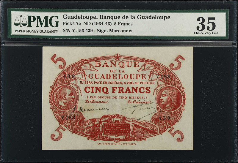 GUADELOUPE. Banque de la Guadeloupe. 5 Francs, ND (1934-43). P-7c. PMG Choice Ve...