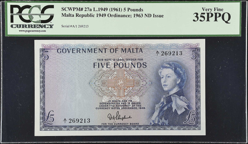 MALTA. Government of Malta. 5 Pounds, 1961. P-27a. PCGS Currency Very Fine 35 PP...