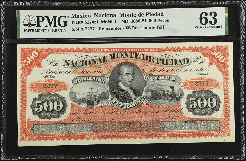 MEXICO. Nacional Monte de Piedad. 500 Pesos, ND (1880-81). P-S270r1. Remainder. ...