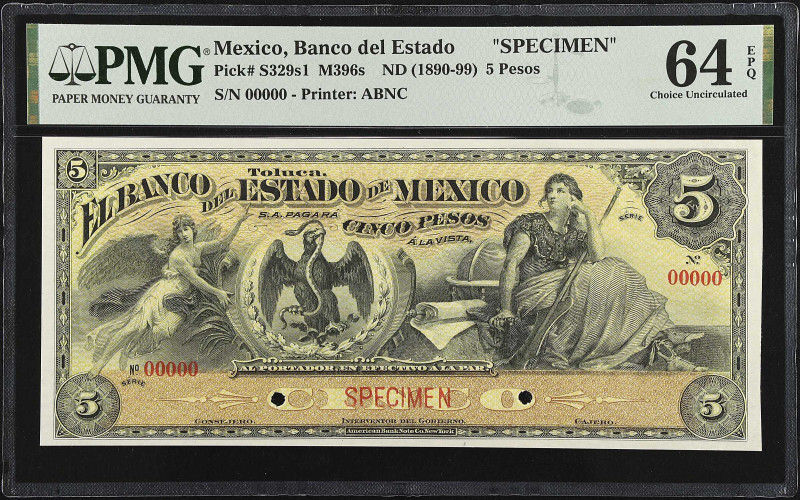 MEXICO. El Banco del Estado de Mexico. 5 Pesos, ND (1890-99). P-S329s1. Specimen...