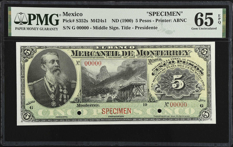 MEXICO. El Banco Mercantil de Monterrey. 5 Pesos, ND (1900). P-S352s. Specimen. ...