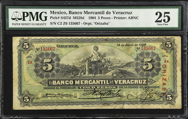 MEXICO. El Banco Mercantil de Veracruz. 5 Pesos, 1904. P-S437d. PMG Very Fine 25...