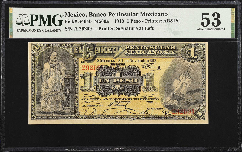 MEXICO. El Banco Peninsular Mexicano. 1 Peso, 1913. P-S464b. PMG About Uncircula...