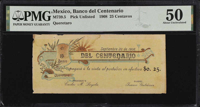 MEXICO. Banco del Centenario. 25 Centavos, 1908. P-Unlisted. PMG About Uncircula...