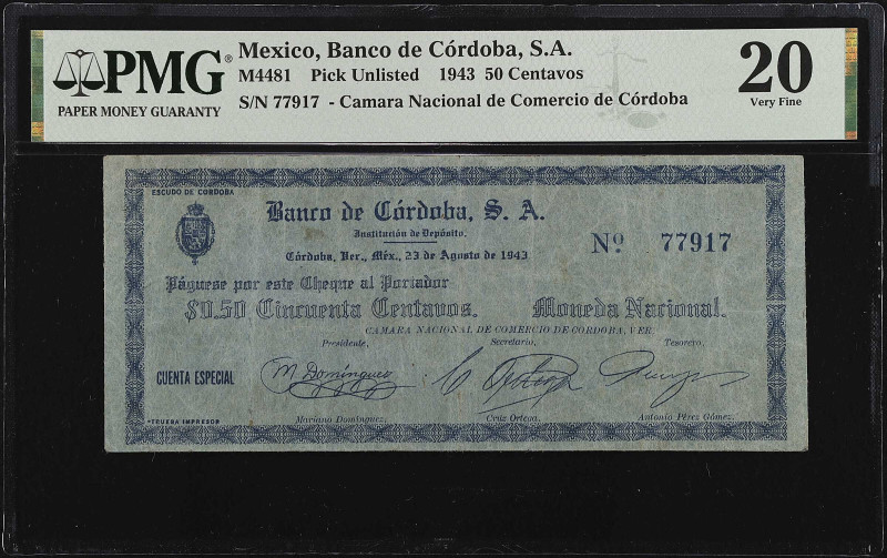 MEXICO. Banco de Cordoba. 50 Centavos, 1943. P-Unlisted. PMG Very Fine 20.
(M44...