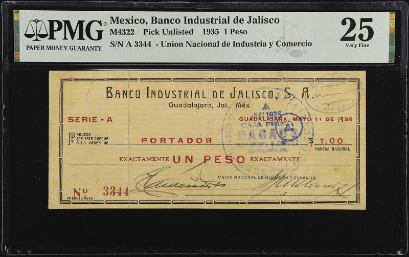 MEXICO. Banco Industrial de Jalisco. 1 Peso, 1935. P-Unlisted. PMG Very Fine 25....