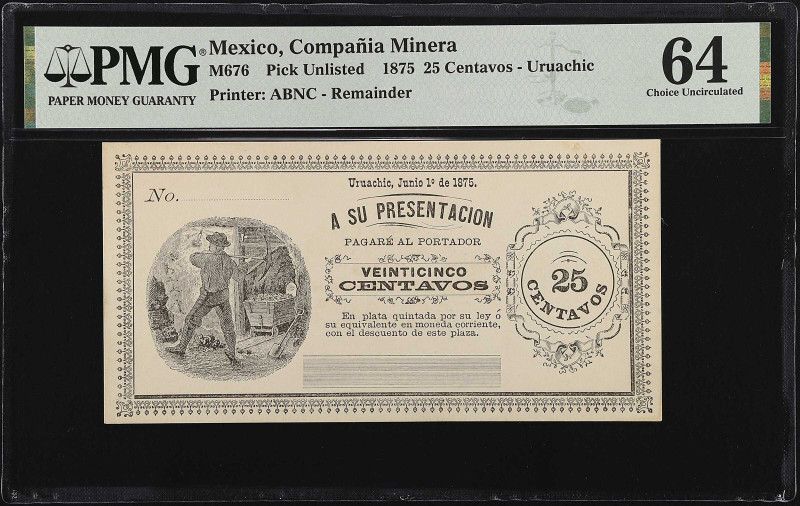 MEXICO. Compania Minera. 25 Centavos, 1875. P-Unlisted. Remainder. PMG Choice Un...