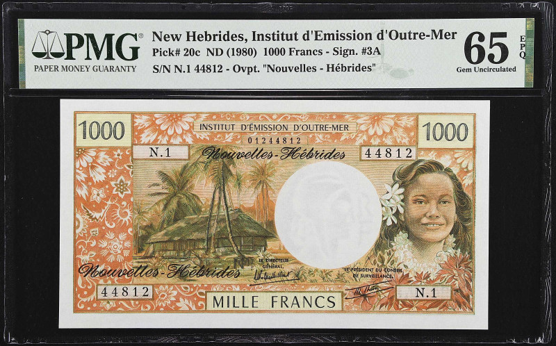 NEW HEBRIDES. Lot of (3). Institut d'Emission d'Outre-Mer. 100, 500 & 1000 Franc...