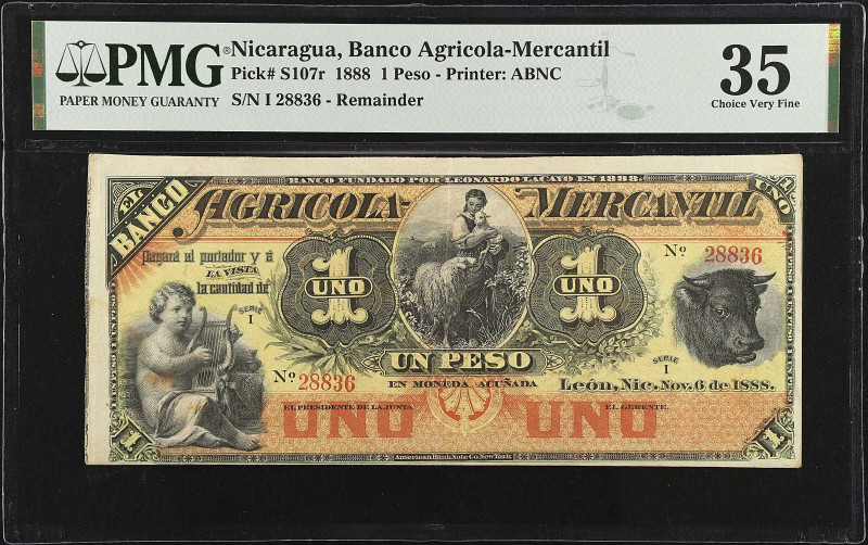 NICARAGUA. El Banco Agricola Mercantil. 1 Peso, 1888. P-S107r. Remainder. PMG Ch...