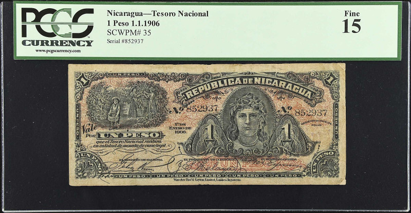 NICARAGUA. Tesoro Nacional. 1 Peso, 1906. P-35. PCGS Currency Fine 15.

Estima...