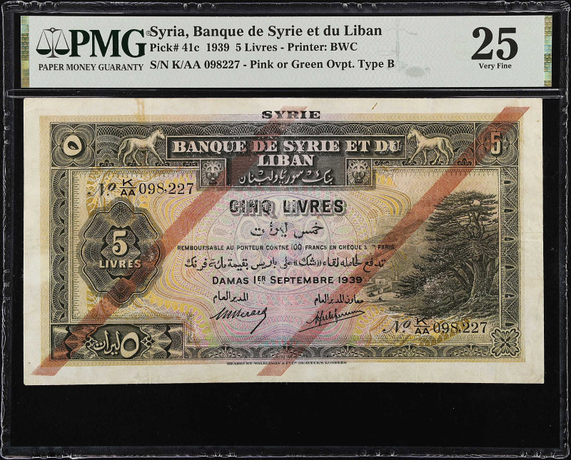 SYRIA. Banque de Syrie et du Liban. 5 Livres, 1939. P-41c. PMG Very Fine 25.
Pr...