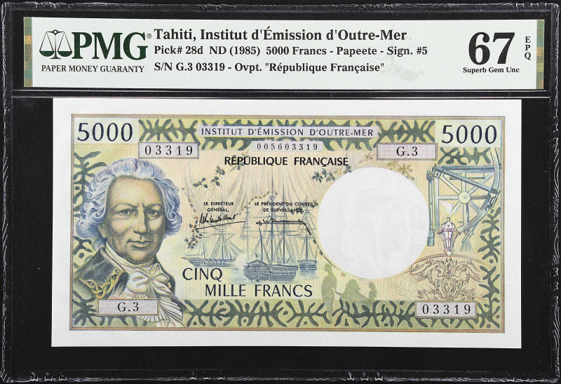 TAHITI. Institut d'Emission d'Outre-Mer. 5000 Francs, ND (1985). P-28d. PMG Supe...