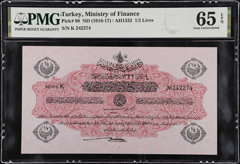 TURKEY. Lot of (2). Dette Publique Ottomane. 1/2 Livre, ND (1916-17). P-98. Cons...