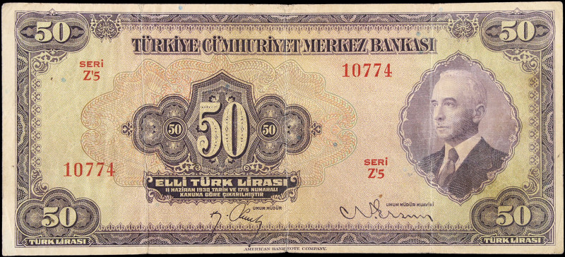 TURKEY. Türkiye Cumhuriyet Merkez Bankasi. 50 Turk Lirasi, 1930. P-142a. Very Go...