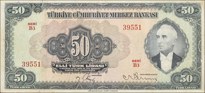 TURKEY. Türkiye Cumhuriyet Merkez Bankasi. 50 Turk Lirasi, 1930. P-143a. Fine.
...