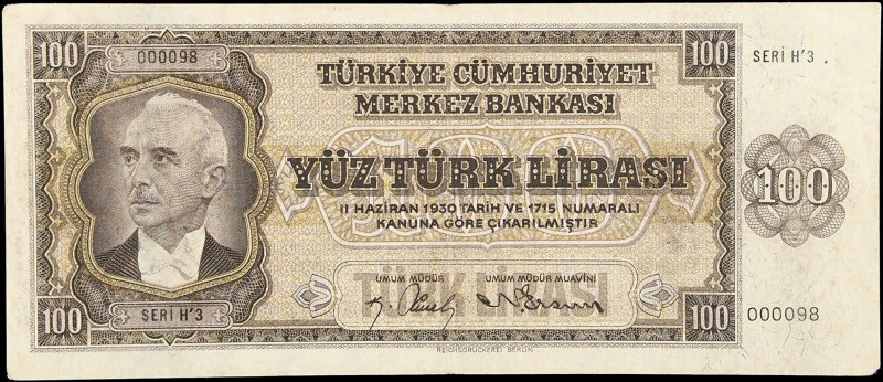 TURKEY. Türkiye Cumhuriyet Merkez Bankasi. 100 Turk Lirasi, 1930. P-144a. Fine....