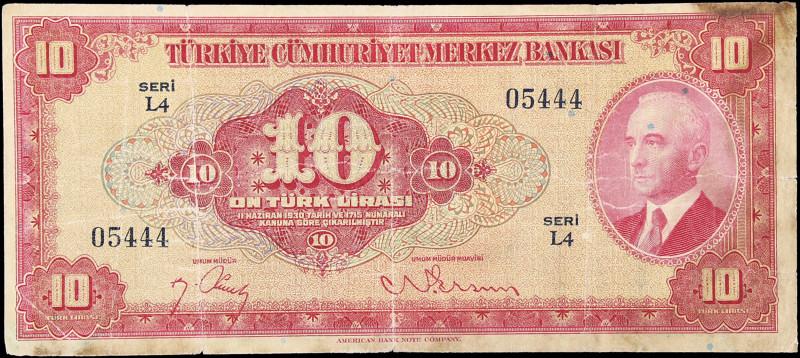 TURKEY. Türkiye Cumhuriyet Merkez Bankasi. 10 Turk Lirasi, 1930. P-147a. Good.
...