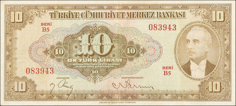 TURKEY. Türkiye Cumhuriyet Merkez Bankasi. 10 Turk Lirasi, 1930. P-148a. Fine.
...