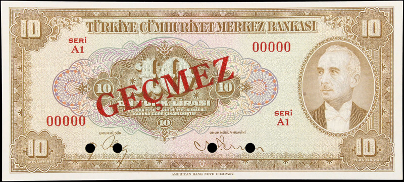 TURKEY. Türkiye Cumhuriyet Merkez Bankasi. 10 Turk Lirasi, 1930. P-148s. Specime...