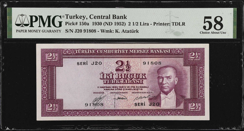 TURKEY. Turkiye Cumhuriyet Merkez Bankasi. 2 1/2 Lira, 1930 (ND 1952). P-150a. P...