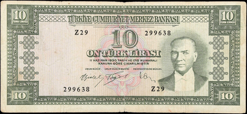 TURKEY. Türkiye Cumhuriyet Merkez Bankasi. 10 Turk Lirasi, 1930. P-159. Fine.
E...