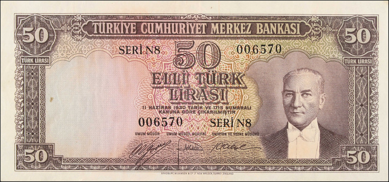 TURKEY. Turkiye Cumhuriyet Merkez Bankasi. 50 Turk Lirasi, 1930. P-163. Very Fin...