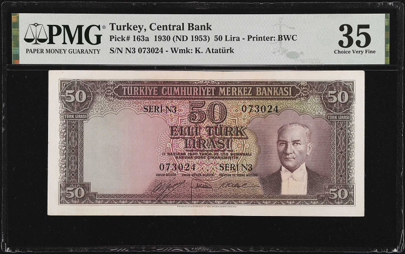 TURKEY. Central Bank. 50 Lira, 1930 (ND 1953). P-163a. PMG Choice Very Fine 35....