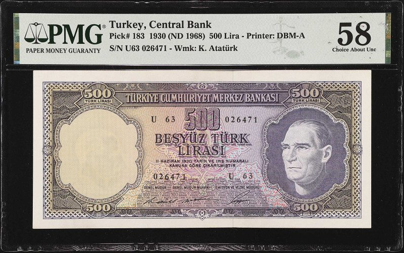 TURKEY. Central Bank. 500 Lira, 1930 (ND 1968). P-183. PMG Choice About Uncircul...