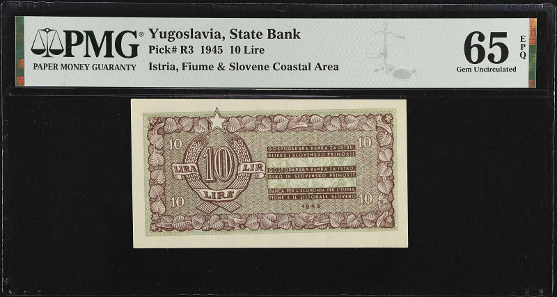 YUGOSLAVIA. State Bank. 10 Lire, 1945. P-R3. PMG Gem Uncirculated 65 EPQ.

Est...
