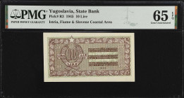 YUGOSLAVIA. State Bank. 10 Lire, 1945. P-R3. PMG Gem Uncirculated 65 EPQ.

Estimate: $100.00- $200.00