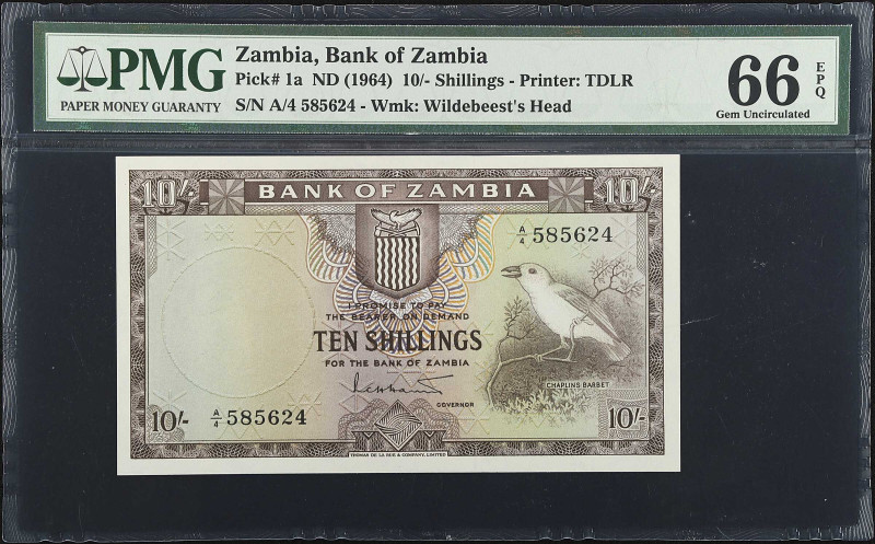 ZAMBIA. Bank of Zambia. 10 Shillings, ND (1964). P-1a. PMG Gem Uncirculated 66 E...