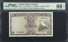 ZAMBIA. Bank of Zambia. 10 Shillings, ND (1964). P-1a. PMG Gem Uncirculated 66 EPQ.
Printed by TDLR. Watermark of wildebeest's head. Gem.

Estimate...