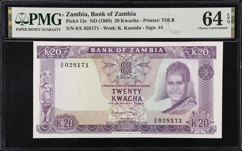 ZAMBIA. Bank of Zambia. 20 Kwacha, ND (1969). P-13c. PMG Choice Uncirculated 64 ...