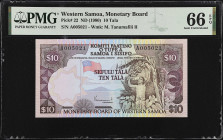 MIXED LOTS. Tahiti & Western Samoa. Lot of (2). Mixed Banks. 10 Tala & 500 Francs, ND (1977-1980). P-22 & 25b1. PMG Gem Uncirculated 66 EPQ.

Estima...