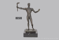 Arno Breker (nach) Partei, nach der Monumental-Figur für den Ehrenhof der Neuen Reichskanzlei 1938, Metallguss, patiniert, H 13,5, Ges.-H 15,5 cm, Mar...