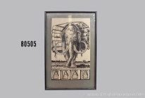 Friedrich König (attributiert) Mammut mit Büchern, Tuschezeichnung mit Höhungen in Weiß, Blattmaß ca. 33 x 20 cm, wohl Illustrationsentwurf, ein mit B...